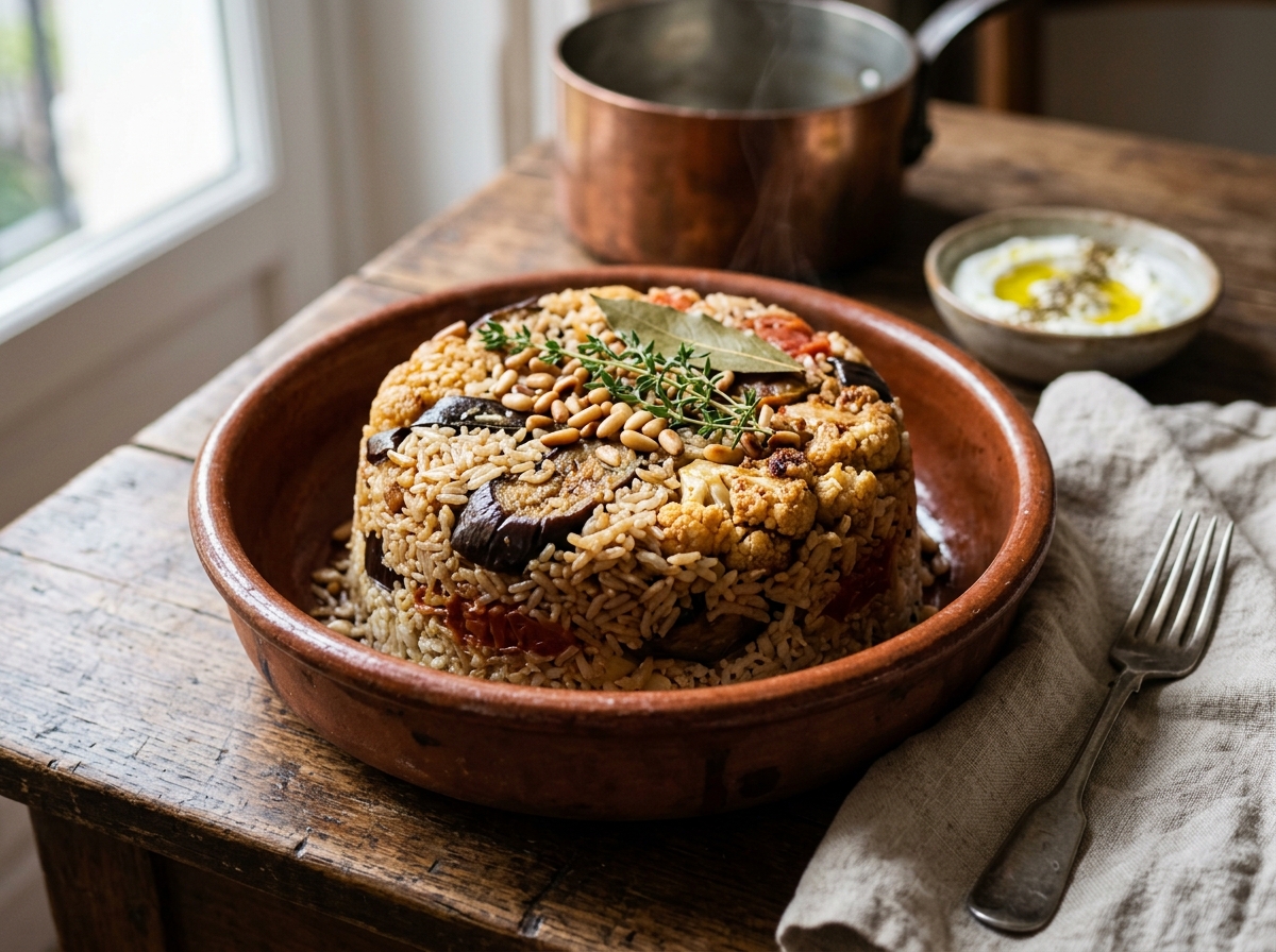 Makloubeh IG bas, plat renversé libanais aux aubergines